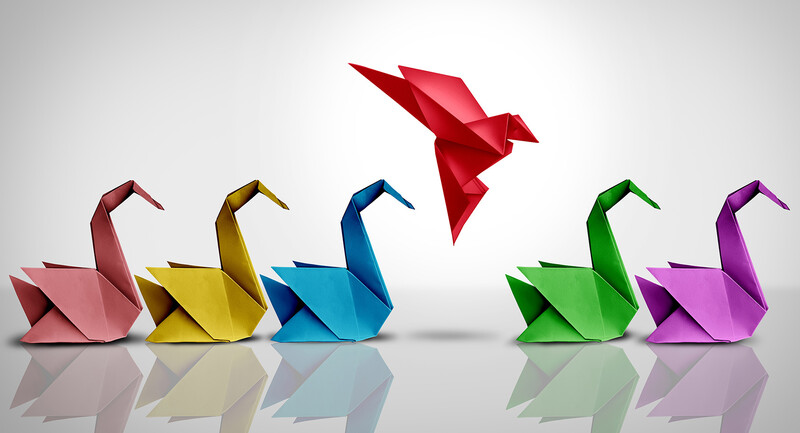 Colorful origami swans in a line, with a red bird breaking formation, flying upward.