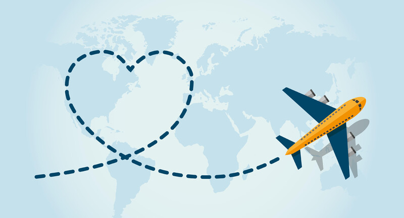 Illustration of an airplane flying and leaving a blue dashed trace line in the shape of a heart.