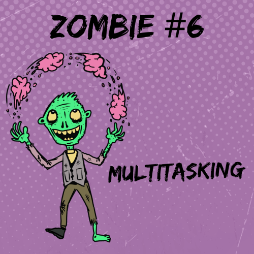 A zombie juggling multiple brains, symbolizing multitasking.