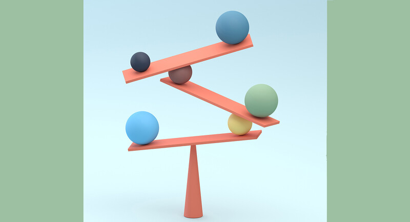 Three tilted seesaws with spheres barely balanced on them in a 3D rendering