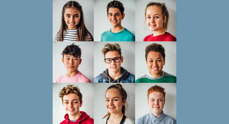 A grid of nine profile-type photos of students who are smiling happily 