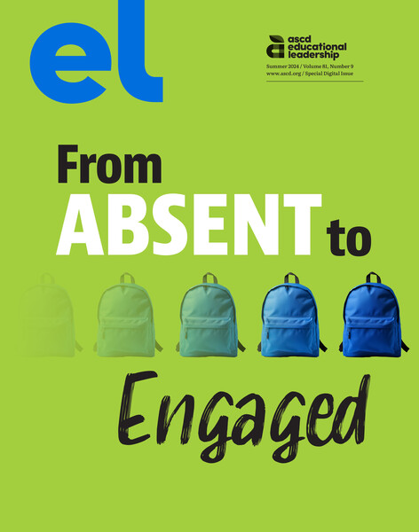 Cover of issue with green background, blue fading backpacks symbolizing "absence," and text that reads: "From Absent to Engaged"