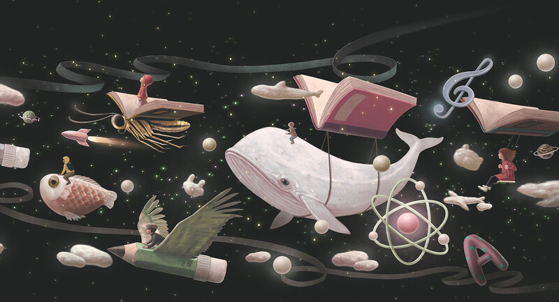 An imaginative scene of whales, birds, and other animals floating in space, surrounded by academic symbols like books, pencils, and music notes
