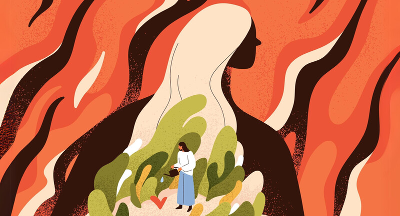 Illustration of a woman watering plants while standing in front of a symbolic image of flames, symbolizing a shift from metaphors of conflict to metaphors of care and community