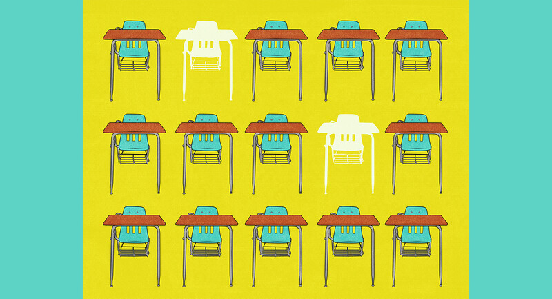 Three rows of blue school chairs and brown desks, with two desks shaded white