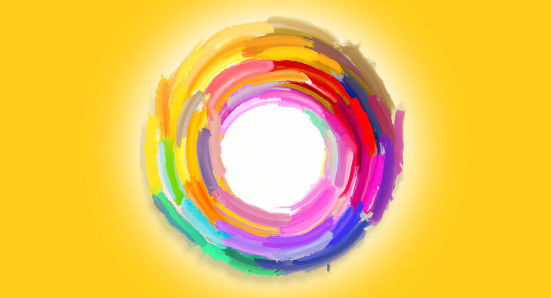 Abstract colorful swirls against yellow backdrop