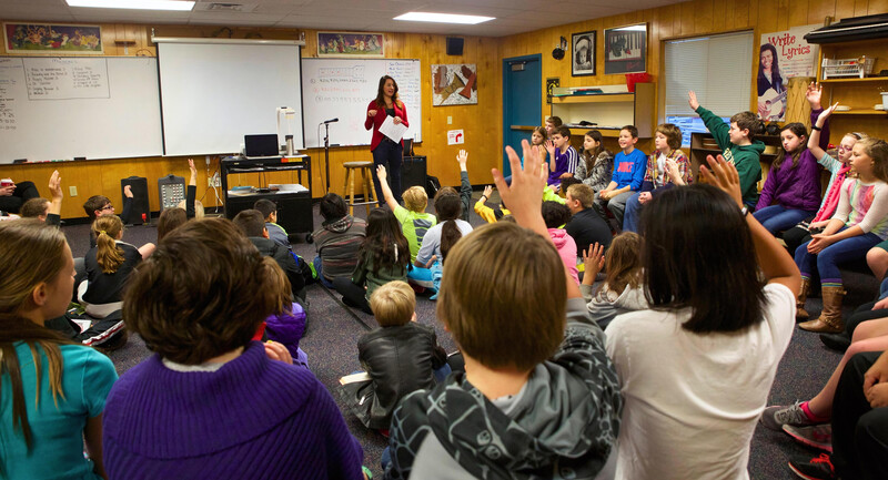 Children sit in a classroom, eagerly raising their hands to answer questions about music, while a teacher stands at the front of the room